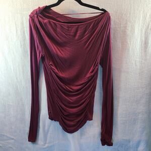 Free People sz Large Maroon Knit Long Sleeve Ruched Top Ruched Boat Neck